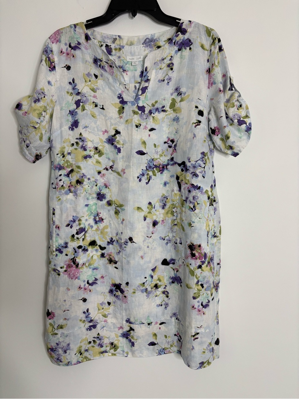 J. Jill Light Blue Floral Linen-Blend Tunic with Purple & Green Accents